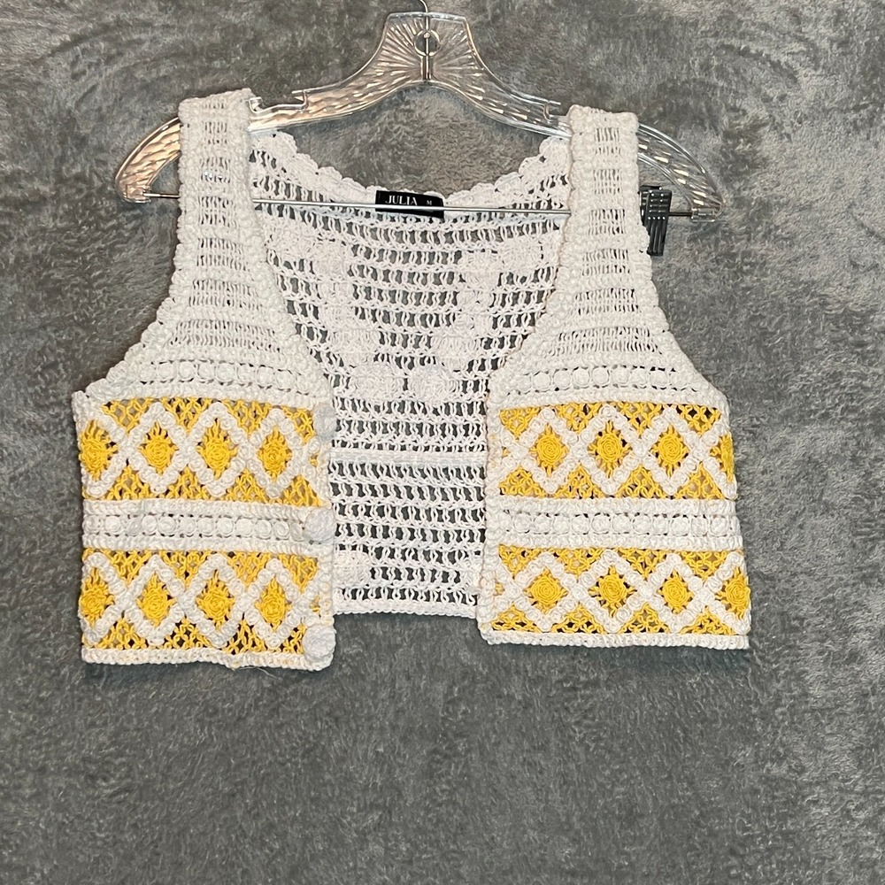 Julia Women Size M Boho Festival 70s Retro Honeycore Crochet Cropped Vest